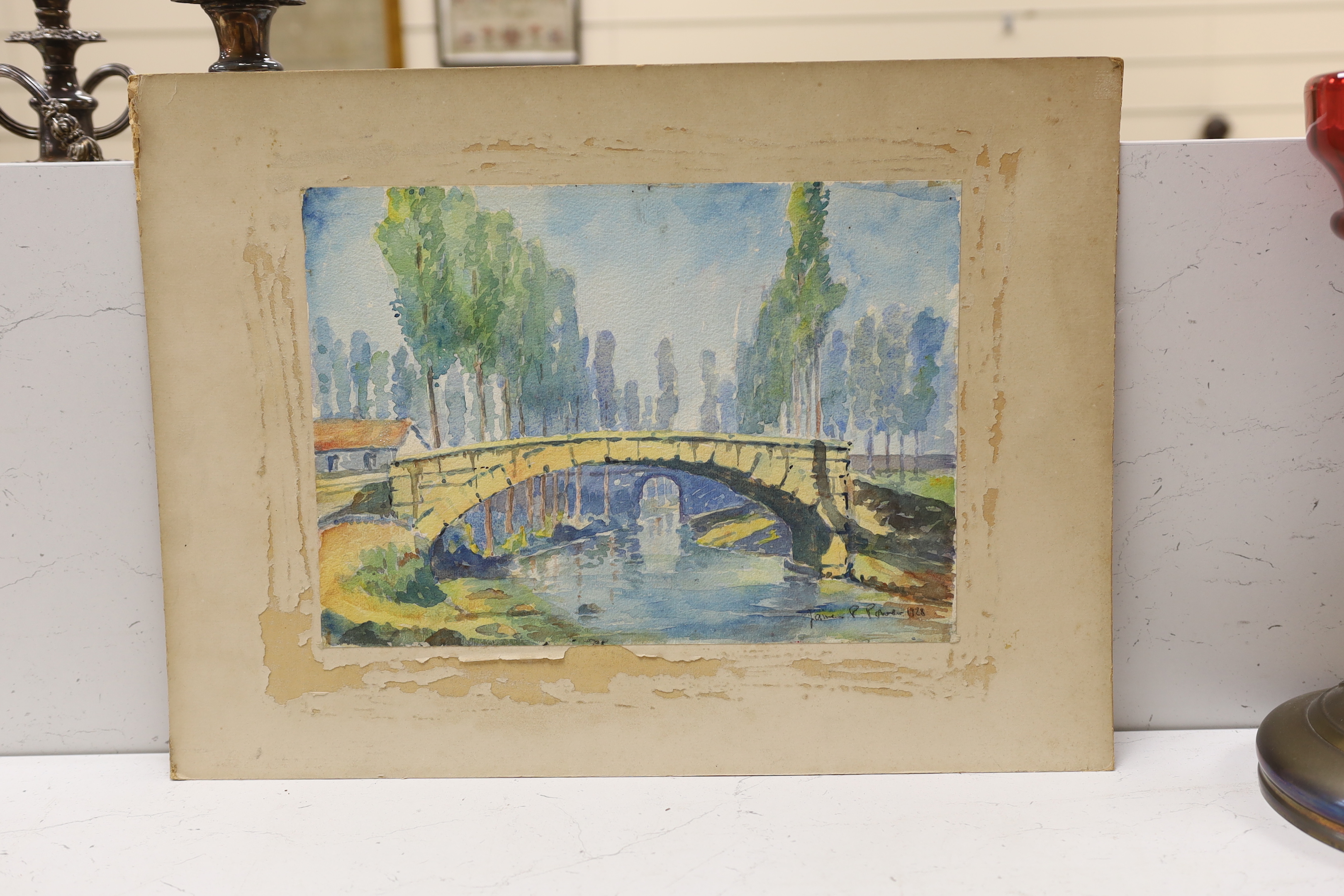 James P. Power (fl.1924 - 1938), watercolour, Bridge in parkland, signed and dated 1928, 25 x 35cm, unframed